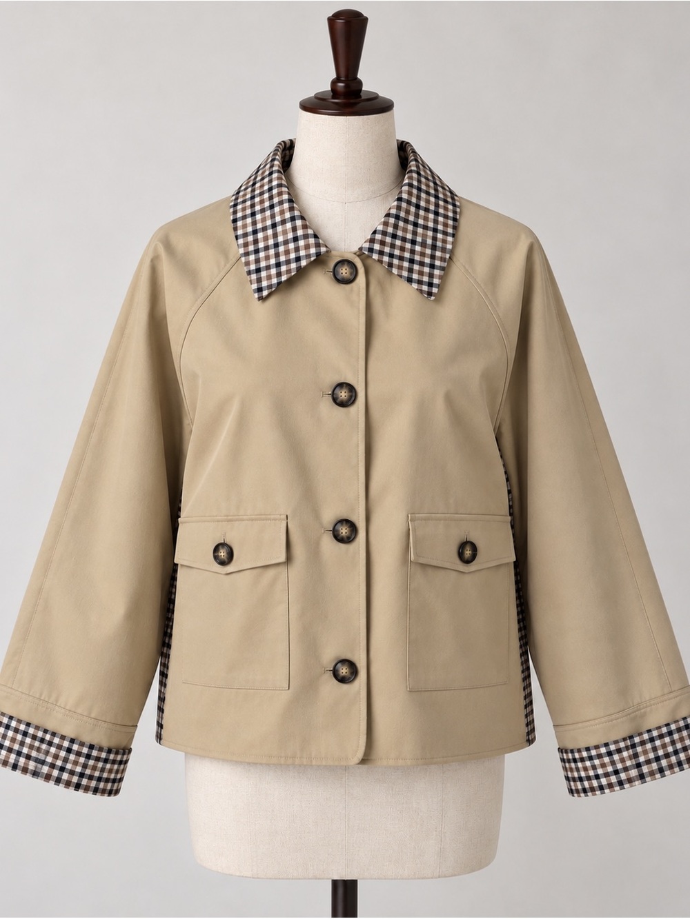 Bernardo Women’s XL NWT Beige Cropped Trench Jacket Plaid Trim Water Resistant